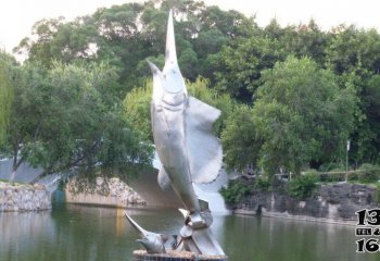 魚(yú)雕塑-景區(qū)池塘兩只長(zhǎng)嘴不銹鋼魚(yú)雕塑