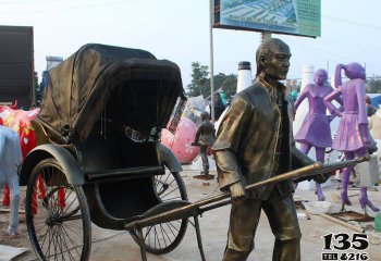 黃包車(chē)雕塑-企業(yè)觀(guān)景公園仿真拉著黃包車(chē)的人物小品銅雕