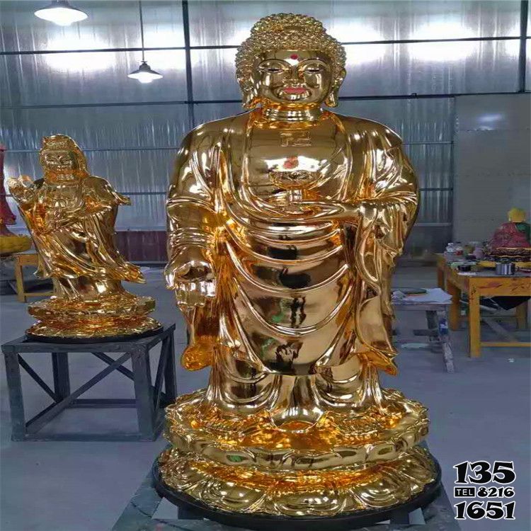 三圣雕塑-不銹鋼噴金烤漆鏡面寺廟三圣雕塑高清圖片