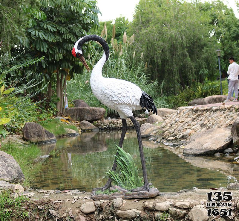 丹頂鶴雕塑-玻璃鋼彩繪公園池塘丹頂鶴雕塑高清圖片