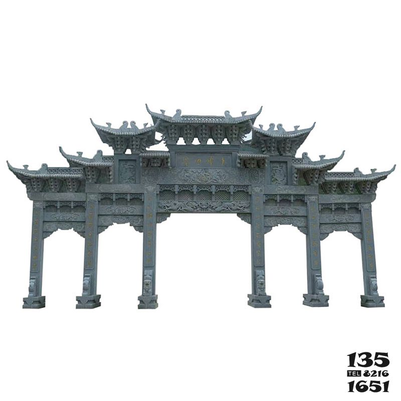 牌坊雕塑-青石園林景觀(guān)仿古建筑斗拱五門(mén)樓牌坊高清圖片