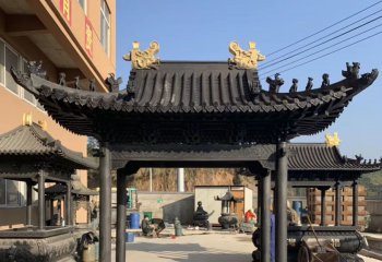 香爐雕塑-寺廟擺放四柱鑄鐵仿古建筑香爐雕塑