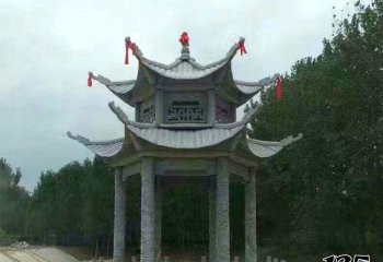 涼亭雕塑-村莊建設(shè)河道邊擺放青石雙層仿古建觀景涼亭雕塑