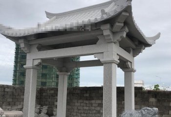 涼亭雕塑-寺院景區戶外擺放芝麻灰古建斗拱涼亭雕塑