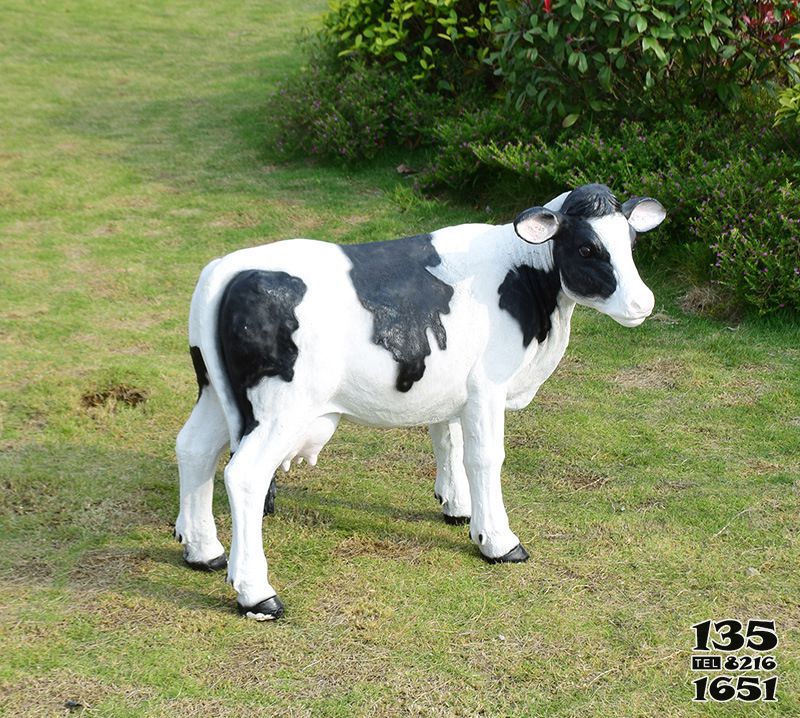 牛雕塑-動物園一只玻璃鋼仿真黑白色牛雕塑