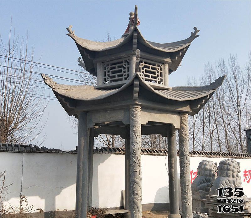 涼亭雕塑-景區寺廟青石仿古雕刻鏤空涼亭雕塑高清圖片