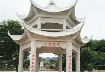 涼亭雕塑-山區寺院擺放大理石雙層涼亭雕塑