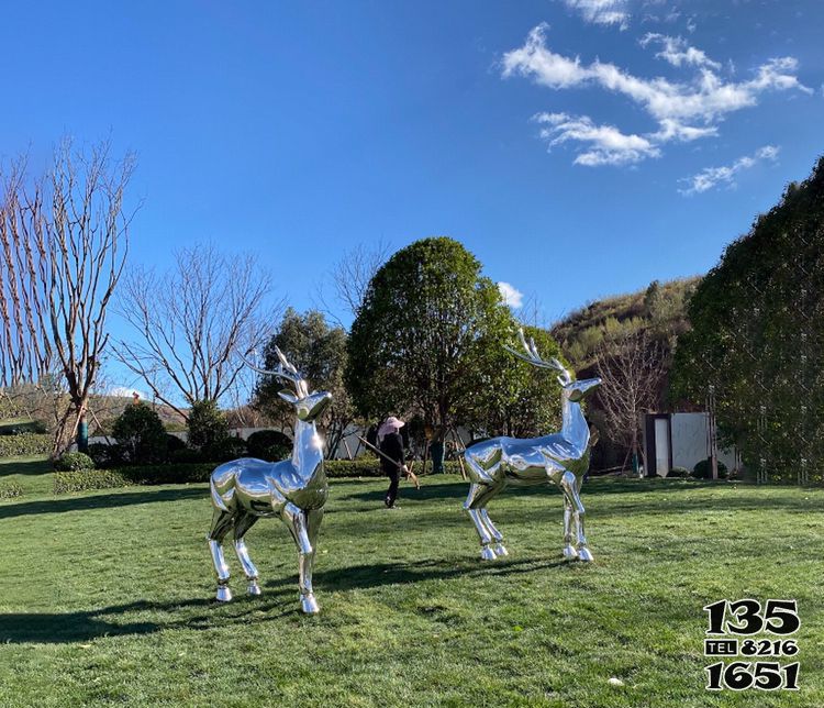 梅花鹿雕塑-戶外園林不銹鋼鏡面景觀兩只梅花鹿雕塑高清圖片